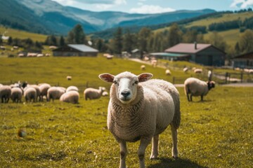 Fototapeta premium Curious white sheep standing prominently in a lush green pasture with distant mountains and farms.