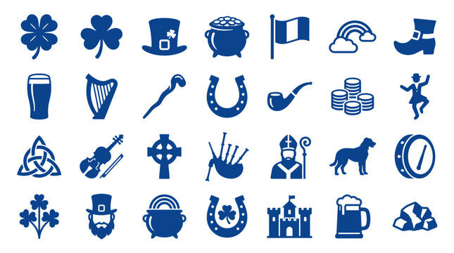 Collection of Irish symbols and icons representing luck, culture, and celebration in blue on a white background