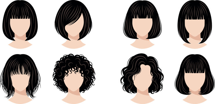 Women short hairstyles collection set isolated on white background, bob haircut variations with straight and curly hair vector illustration