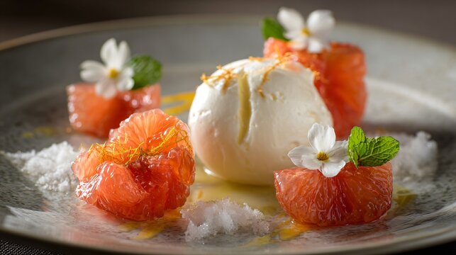 A sophisticated restaurant style plate featuring grapefruit jelly pearls surrounding clotted cream ice-cream with elegant lighting