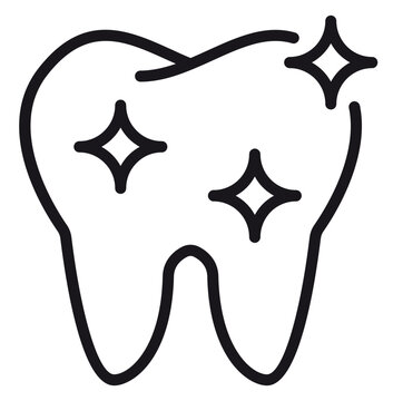 Clean Healthy Tooth Icon with Sparkles, Minimalist Black Line Art Vector Illustration for Dental Care, Oral Hygiene, Teeth Whitening, and Dentistry Services, Isolated on White Background.