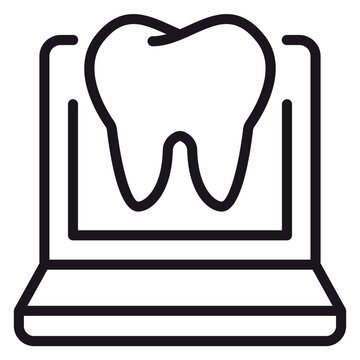 Online dentistry vector icon of a tooth on a laptop screen, representing teledentistry, digital dental records, and virtual dental consultation. Minimalist black line illustration on white.