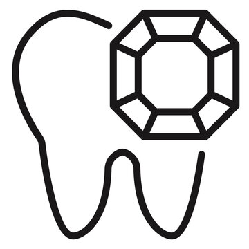 Tooth with gemstone vector icon. Minimalist black line art illustration of a dental tooth with a diamond or jewel, representing cosmetic dentistry, tooth jewelry, and luxury dental care.