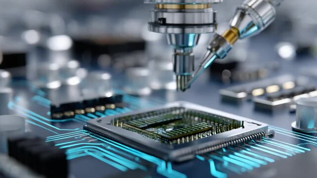 Precision Craftsmanship: A close-up view of an automated robotic arm carefully manufacturing an intricate computer chip, highlighting the technology. 