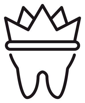 Dental crown vector icon. Minimalist black line art illustration of a human tooth wearing a royal crown, representing dental restoration, prosthetic dentistry, oral health, and premium care.