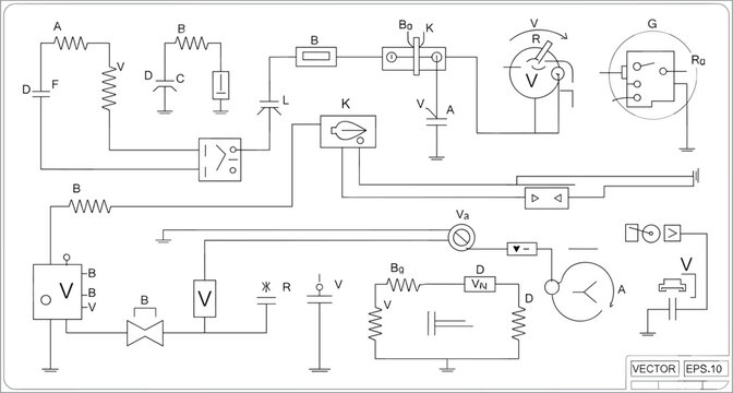 Electrical circuit schematic diagram collection featuring voltage sources resistors switches and measurement instruments isolated on white background technical flat vector illustration set