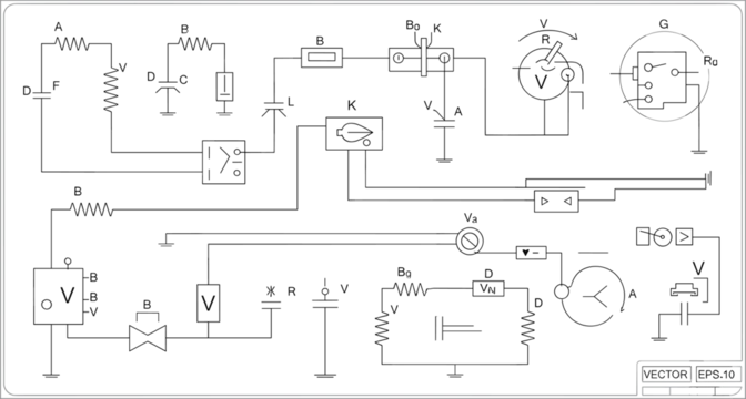 Electrical circuit schematic diagram collection featuring voltage sources resistors switches and measurement instruments isolated on white background technical flat vector illustration set