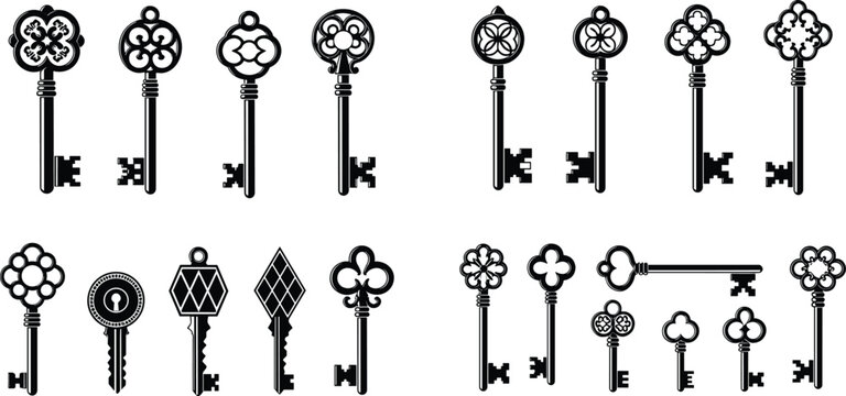 Decorative key collection, ornate skeleton keys, antique modern designs, floral geometric clover motifs, black vector illustration, vintage security icons