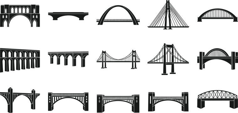 Bridge architecture collection featuring various structural designs including arch suspension beam and modern city bridges isolated on white background flat vector set