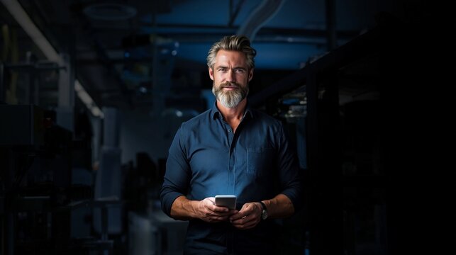 B&auml;rtiger Gesch&auml;ftsmann mit Tablet in dunklem Lagerraum, selbstbewusst und professionell, industrielle Umgebung.