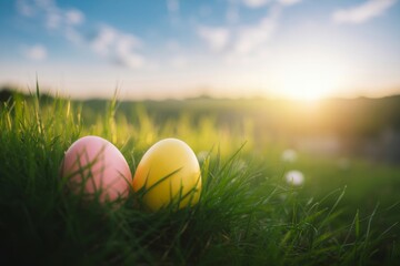 Fototapeta premium Two colorful easter eggs, one pink and one yellow, are nestled beautifully in vibrant green grass.