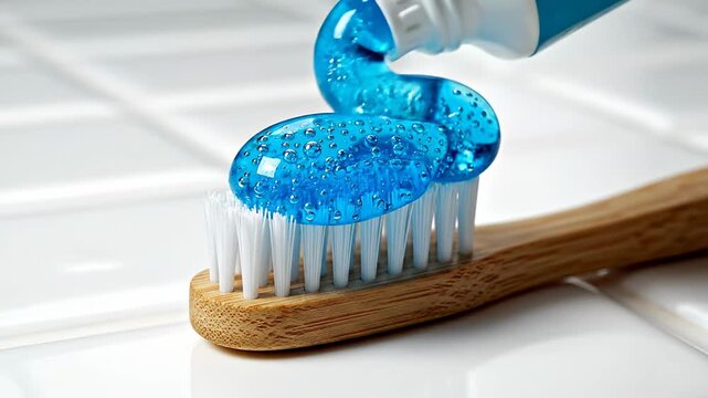 Blue gel toothpaste is squeezed onto a bamboo toothbrush. The translucent gel with bubbles forms a perfect dollop. Oral hygiene and dental care concept.