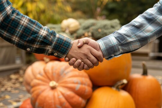 Two people wearing plaid shirts shake hands with vibrant autumn pumpkins blurred in background.