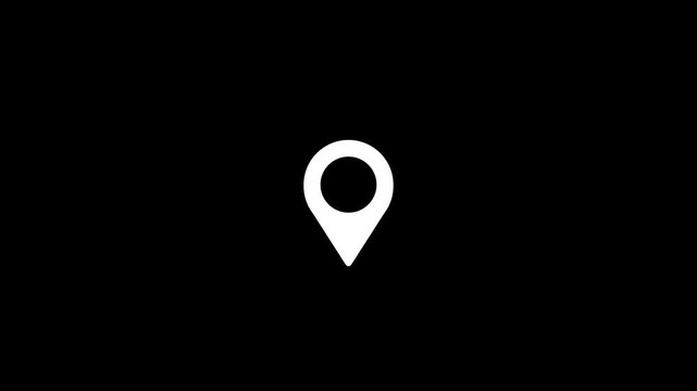 Minimalist white location pin map pointer icon animation on isolated black background
