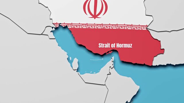 Map of Iran with Iranian flag overlay and the Strait of Hormuz, zooming in and an animated dotted arrow depicting the strait. English language
