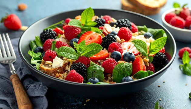 A colorful fruit salad with berries, greens, and feta in a dark bowl on a textured blue surface, with bread