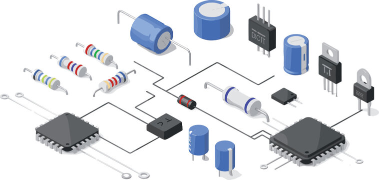Electronic components circuit collection featuring resistors capacitors microchips transistors and integrated devices connected in schematic layout isolated on white background flat vector set