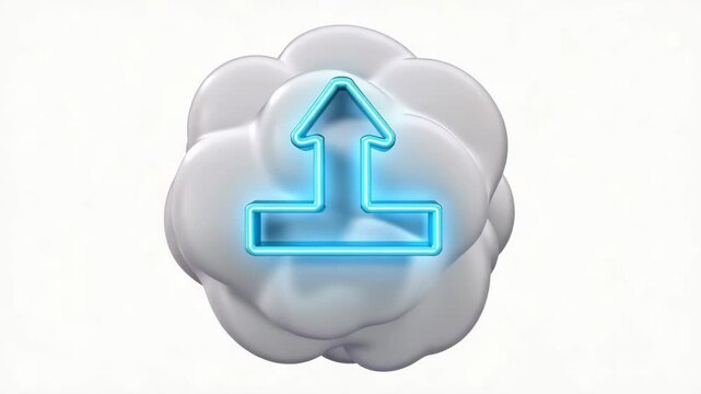 Glowing Neon Blue Arrow on Floating White Cloud Isolated on Bright Background