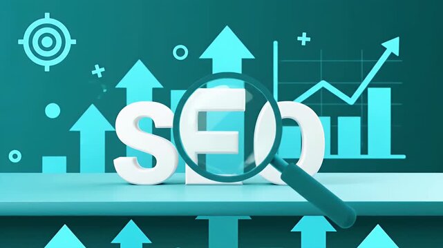 Large white letters spelling 'SEO' are placed on a ledge, with a magnifying glass hovering over the letter 'E', set against a backdrop of rising blue bar graphs.
