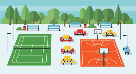 Outdoor recreation area with tennis and basketball courts, picnic tables, and park benches. © Rojik