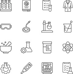 Obraz premium Science laboratory research vector icon set, test tubes, petri dish, lab coat, flask, atom, pH meter, goggles