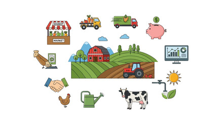 Fototapeta premium Farming and Agriculture Business Icons - Rural Life, Organic Food, Investment, Technology