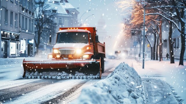Snowplow truck clearing snowy city street during winter storm with falling snow