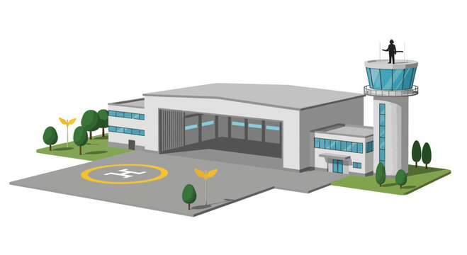 Hangar and control tower at a modern airport, illustration