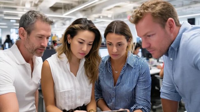 Focused Collaboration in the Office: A close-knit group of colleagues engrossed in a detailed discussion, collaborating intently in a contemporary work setting.