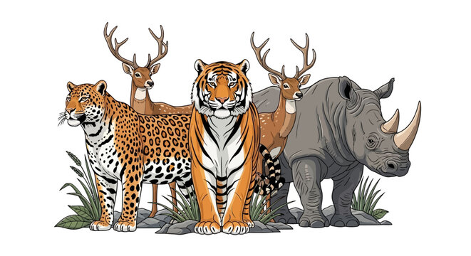 Illustration of a group of wildlife animals including two deer, a tiger, a jaguar, and a rhinoceros standing together against a white background in a colorful, cartoon style