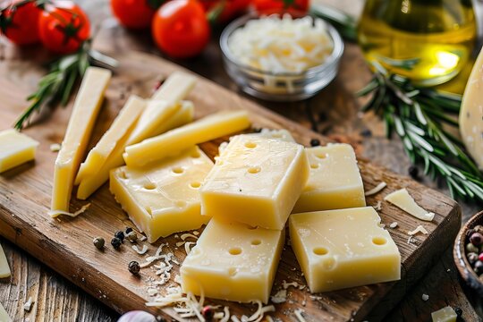 Maasdam cheese slices and wedge, cherry tomatoes, rosemary, olive oil, grated cheese, and peppercorns on wooden cutting board