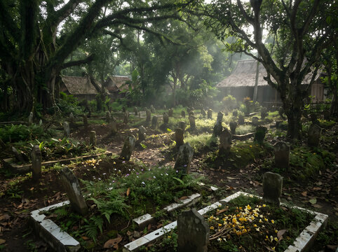 Traditional Javanese Village Cemetery Under Ancient Banyan Trees Morning Mist Atmospheric Rural Java Indonesia No People