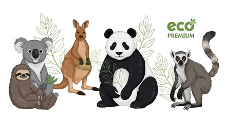 Fototapeta premium A digitally illustrated collection of diverse animals including a koala, kangaroo, panda, lemur, and sloth, set against a clean white background with green foliage accents