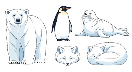 Illustration showing arctic animals including a polar bear, penguin, seal and arctic fox in a clean cartoon style against a white background, rendered with bright coloring and simple shapes © Jangkrik