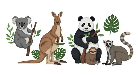 Illustrated wildlife scene showcases a koala clinging to a branch, a kangaroo standing tall, a panda holding bamboo with a sloth, and a lemur sitting, all against a white background © Jangkrik
