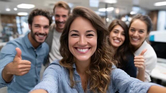Office camaraderie and Team Spirit: A radiant team of professionals radiates positivity, capturing a selfie of their workplace connections, smiles, and collective confidence.