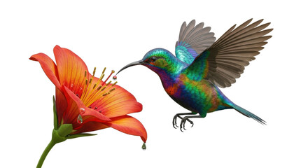 Fototapeta premium Iridescent Hummingbird Feeding on Orange Flower