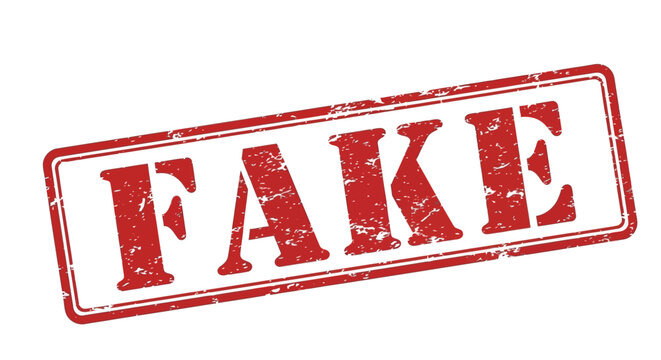 A close-up view of a red FAKE stamp on a white surface with a grunge texture.