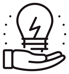 Minimalist black line art vector icon illustration of a human hand holding a light bulb with a lightning bolt symbol inside, representing innovation, creative energy, and powerful new ideas. © Chandana Rani
