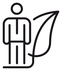 Eco-friendly businessman vector icon illustration. Minimalist black line art symbol of a professional person standing with a leaf, representing sustainable business and environmental responsibility. © Chandana Rani
