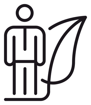Eco-friendly businessman vector icon illustration. Minimalist black line art symbol of a professional person standing with a leaf, representing sustainable business and environmental responsibility.