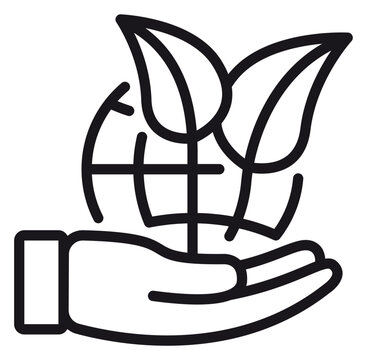 Eco-friendly environment concept vector icon illustration of a hand holding a globe with growing leaves, symbolizing sustainability, global conservation, and green energy initiatives.