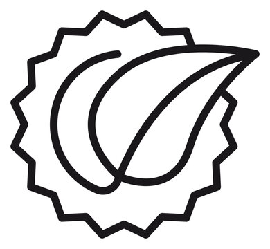 Minimalist black vector icon illustration featuring a leaf silhouette within a jagged starburst badge, symbolizing organic certification, eco-friendly quality, and natural product standards.