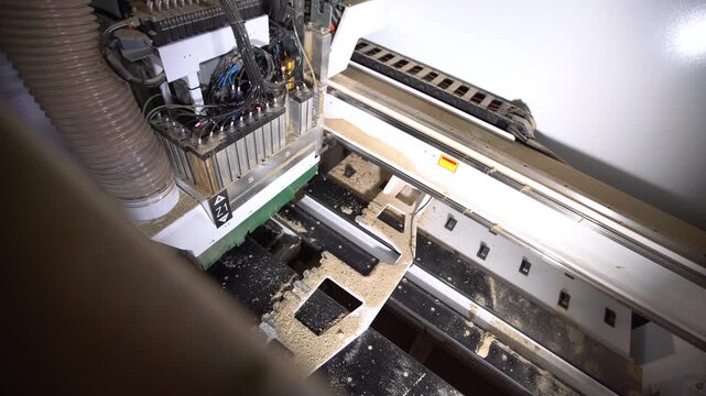 Woodworking machine cuts wood materials in the workshop in the workshop