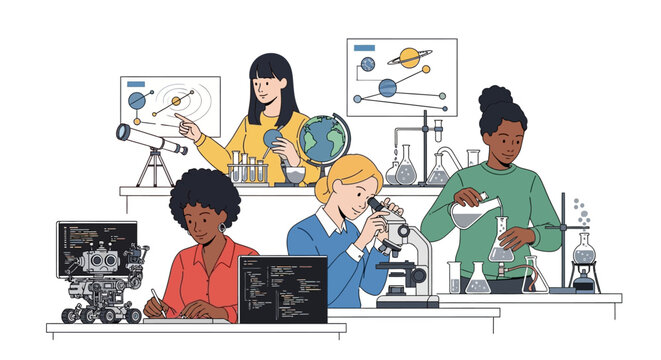 Diverse young women in a science lab conduct experiments involving microscopes, robotics, and astronomy charts against a clean white background in a vector illustration with bright, vibrant