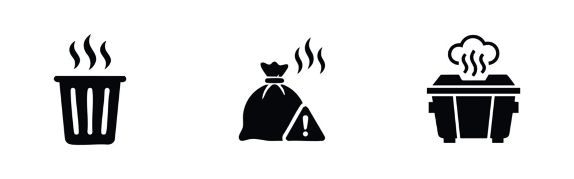 Set of black minimalist icons representing smelly garbage, including a trash can, waste bag with warning, and a large dumpster on white background.