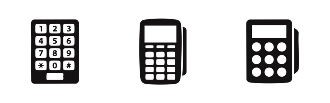 Flat vector icon set featuring a numeric keypad and credit card payment terminals for retail, banking, and secure electronic transactions.
