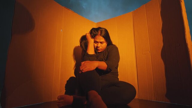 A stressed woman sits in a makeshift cardboard corner, pulling her hair in frustration. The surreal setting with warm orange light and blue smoke highlights mental health struggles and confinement.