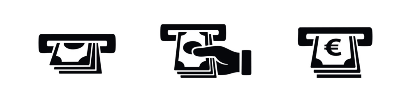 Set of minimalist black icons representing ATM cash withdrawal, including money being dispensed and a hand taking bank notes on a white background.
