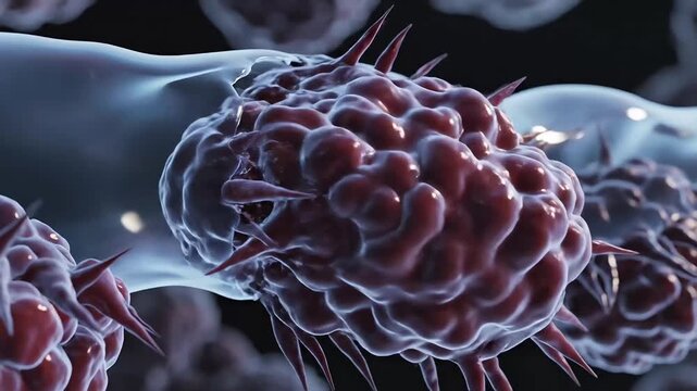 Microscopic view of aggressive Tumor cells rapidly dividing in a dark fluid environment with abnormal membrane structures and spiky protrusions.